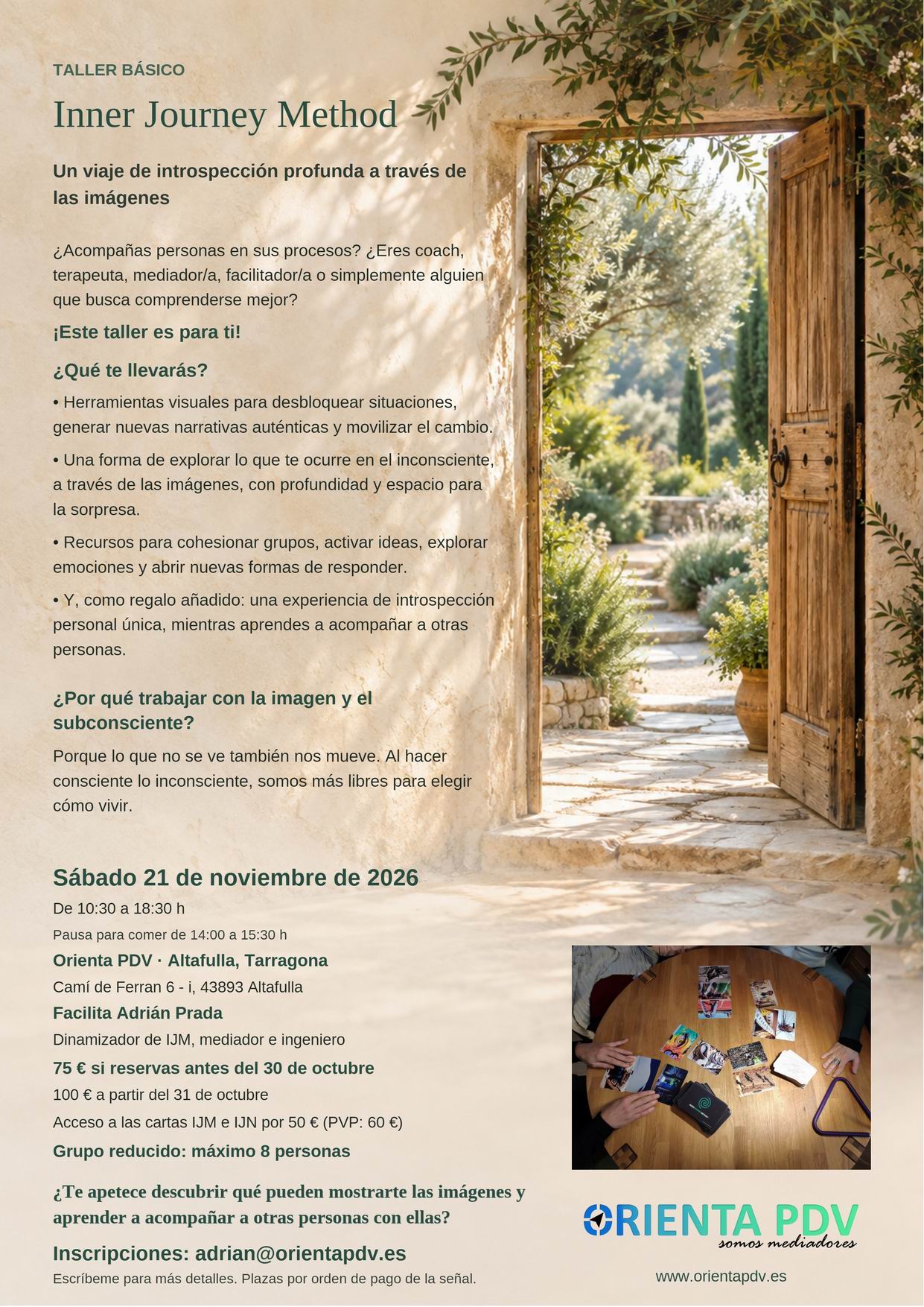 Cartel del taller básico Inner Journey Method en Altafulla, el 21 de noviembre de 2026
